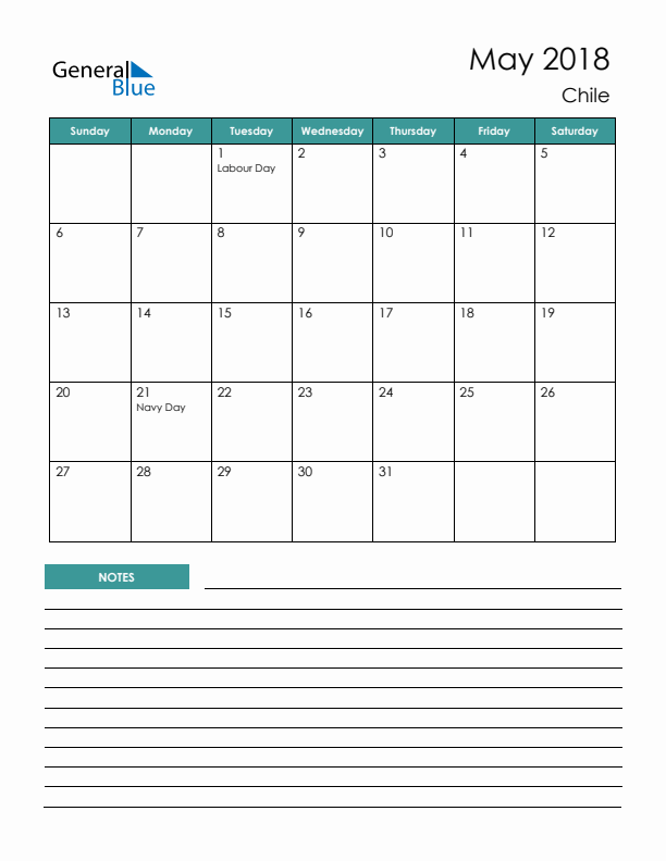 Calendar with Notes Printable - Sunday Start