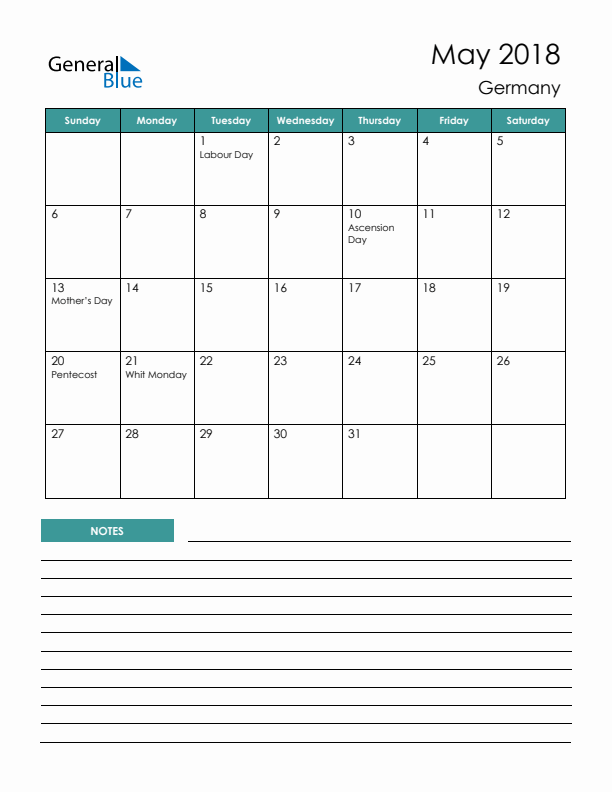 Calendar with Notes Printable - Sunday Start