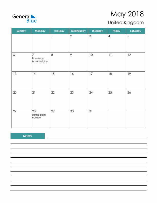 Calendar with Notes Printable - Sunday Start