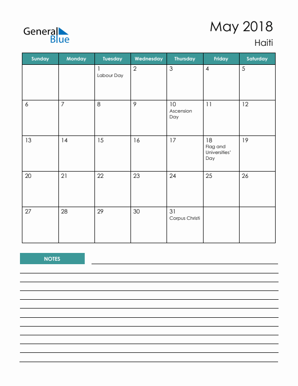 Calendar with Notes Printable - Sunday Start