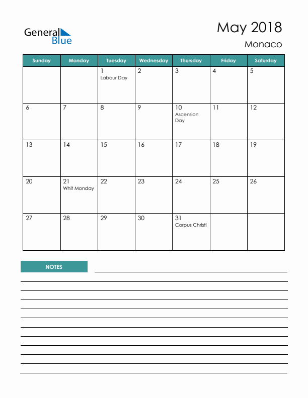 Calendar with Notes Printable - Sunday Start