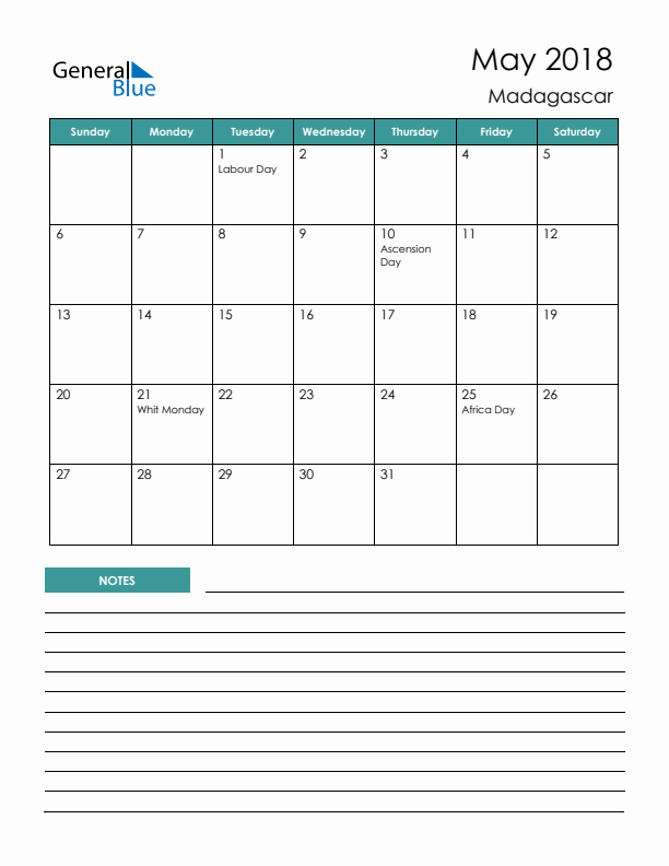 Calendar with Notes Printable - Sunday Start