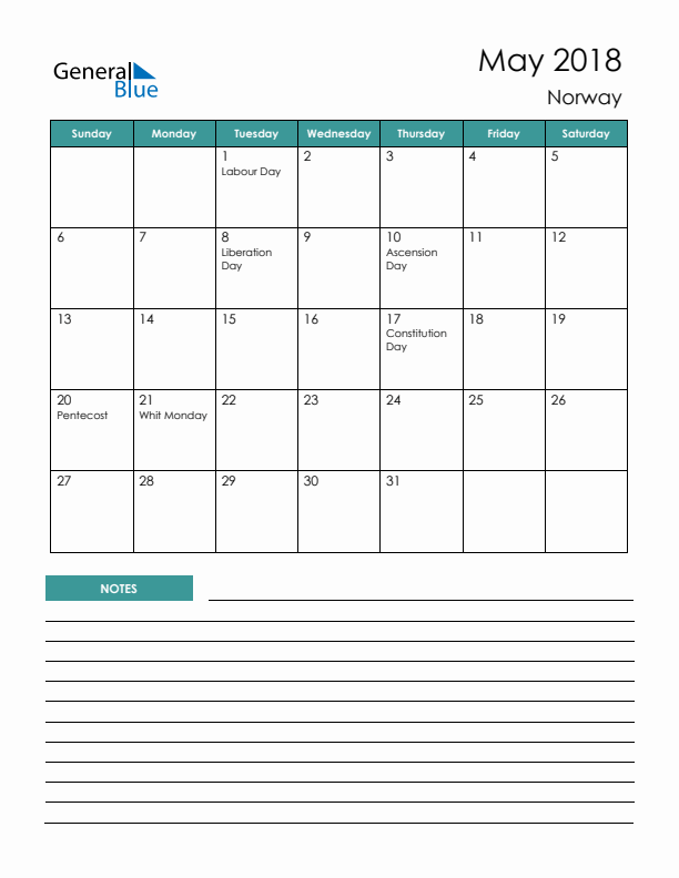 Calendar with Notes Printable - Sunday Start