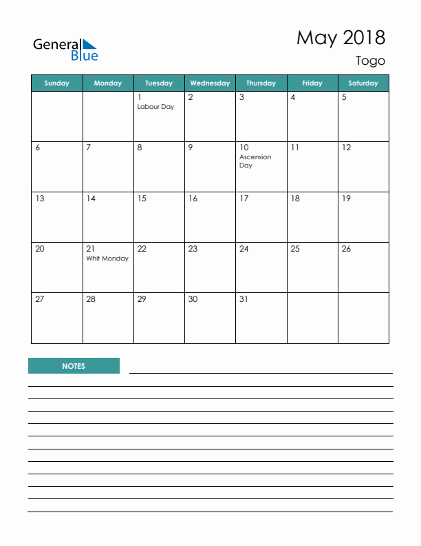 Calendar with Notes Printable - Sunday Start