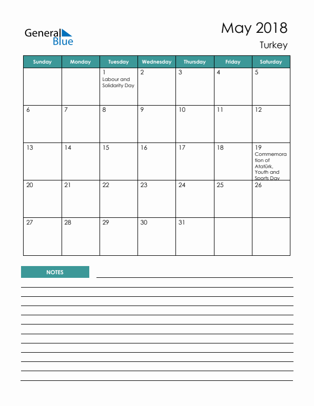 Calendar with Notes Printable - Sunday Start