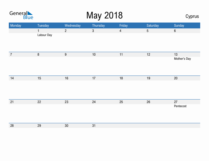 Fillable May 2018 Calendar