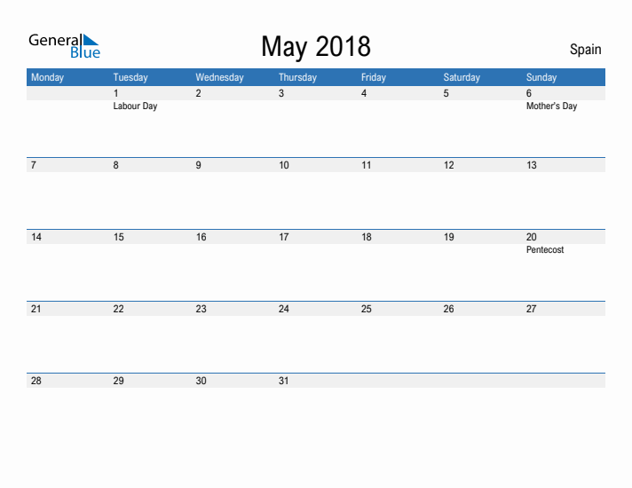 Fillable May 2018 Calendar