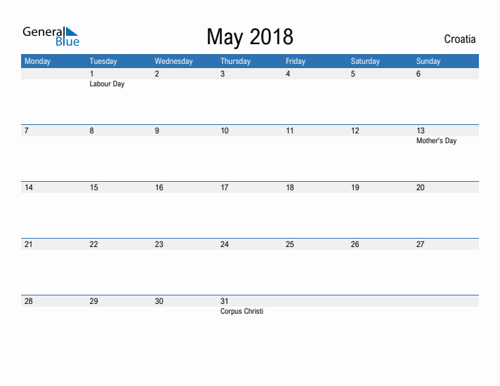 Fillable May 2018 Calendar