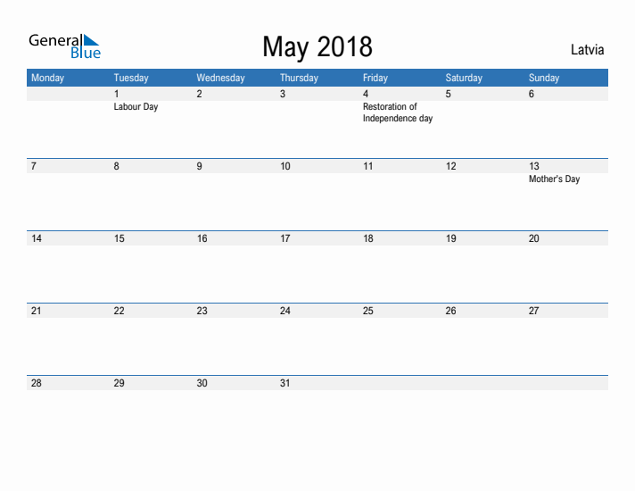 Fillable May 2018 Calendar