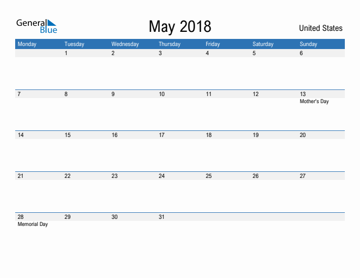 Fillable May 2018 Calendar