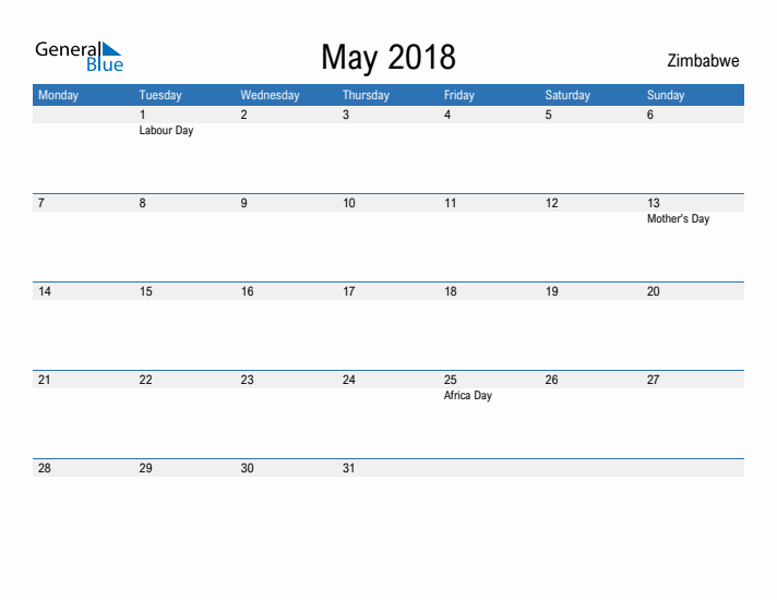 Fillable May 2018 Calendar