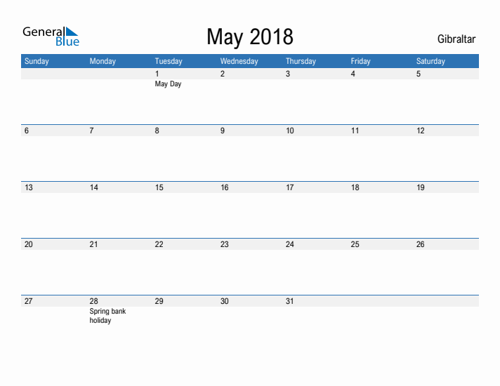 Fillable May 2018 Calendar