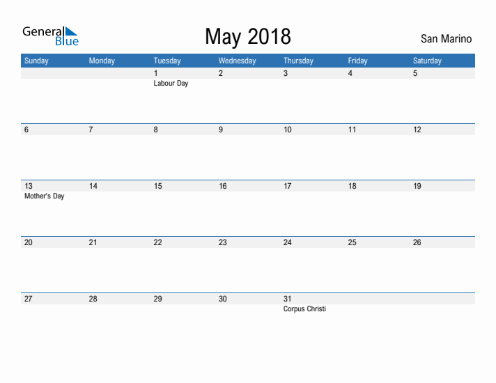 Fillable May 2018 Calendar