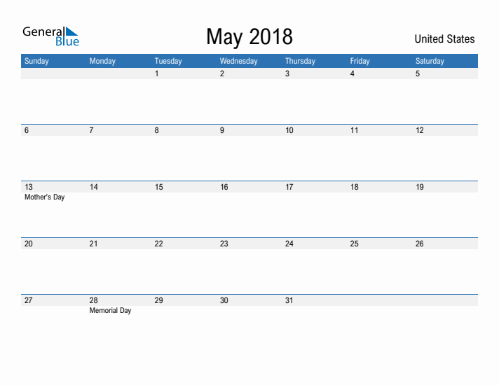 Fillable May 2018 Calendar