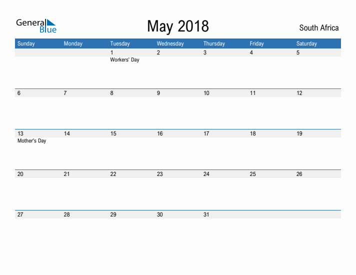 Fillable May 2018 Calendar