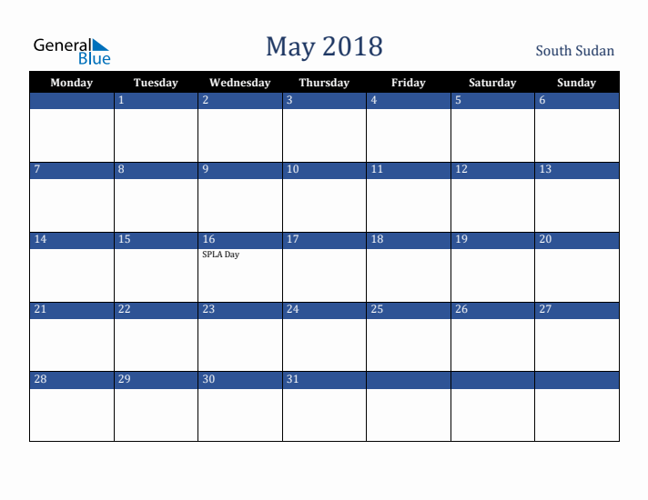 May 2018 South Sudan Calendar (Monday Start)