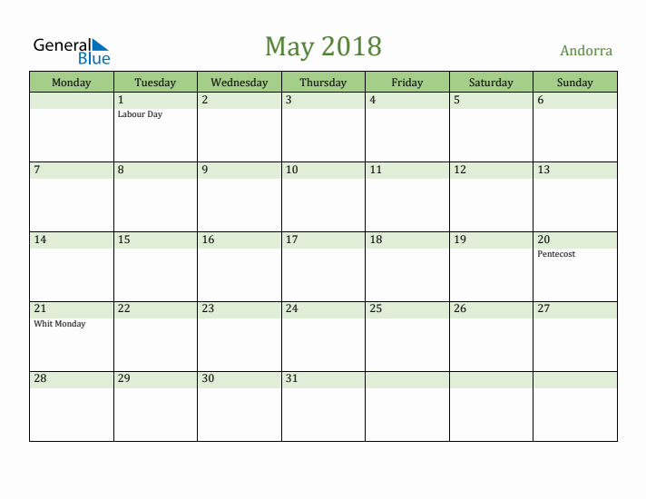 May 2018 Calendar with Andorra Holidays