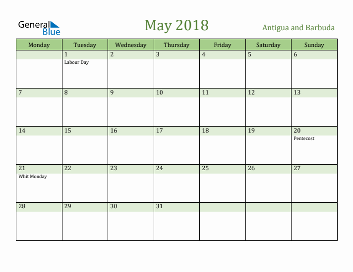 May 2018 Calendar with Antigua and Barbuda Holidays