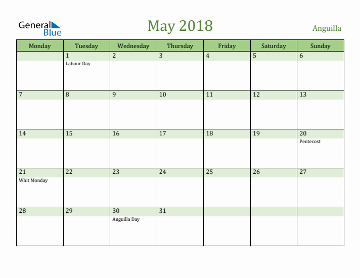 May 2018 Calendar with Anguilla Holidays