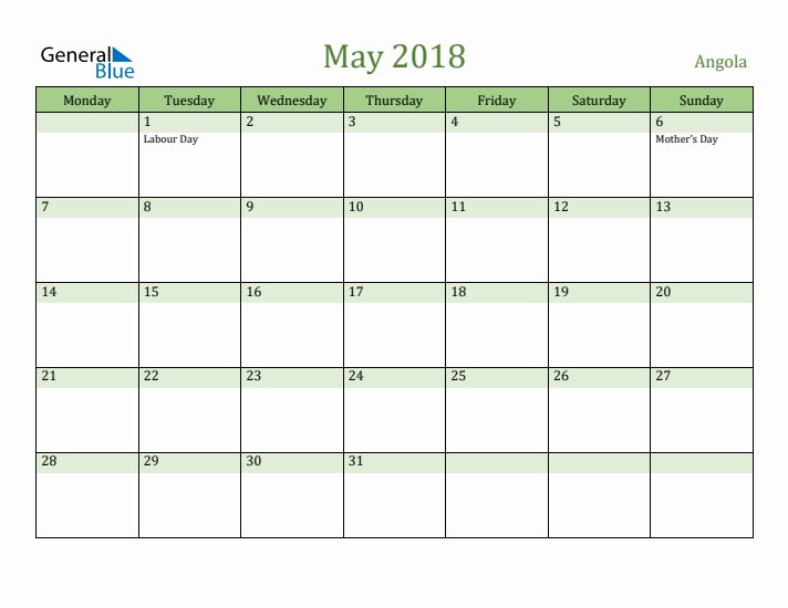 May 2018 Calendar with Angola Holidays