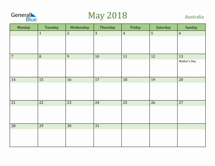 May 2018 Calendar with Australia Holidays