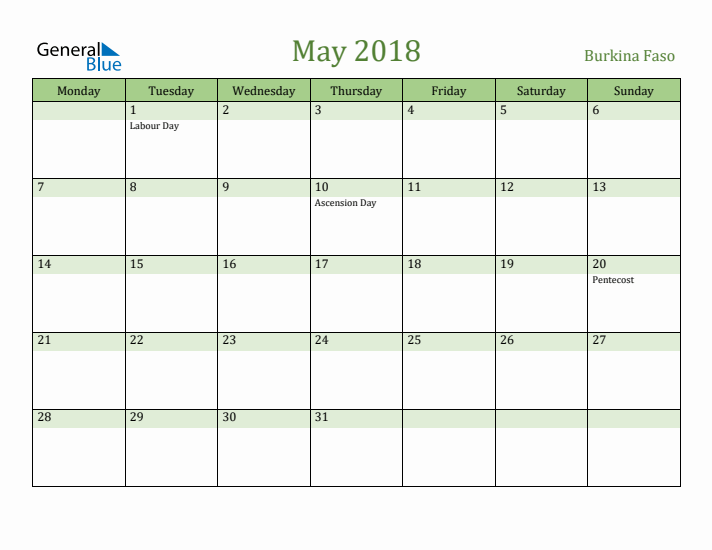 May 2018 Calendar with Burkina Faso Holidays