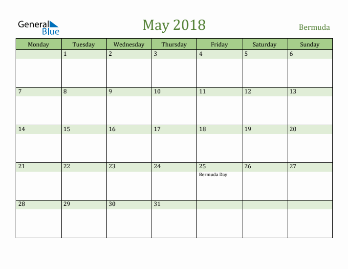 May 2018 Calendar with Bermuda Holidays