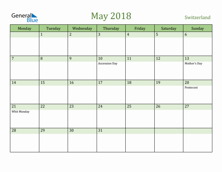 May 2018 Calendar with Switzerland Holidays