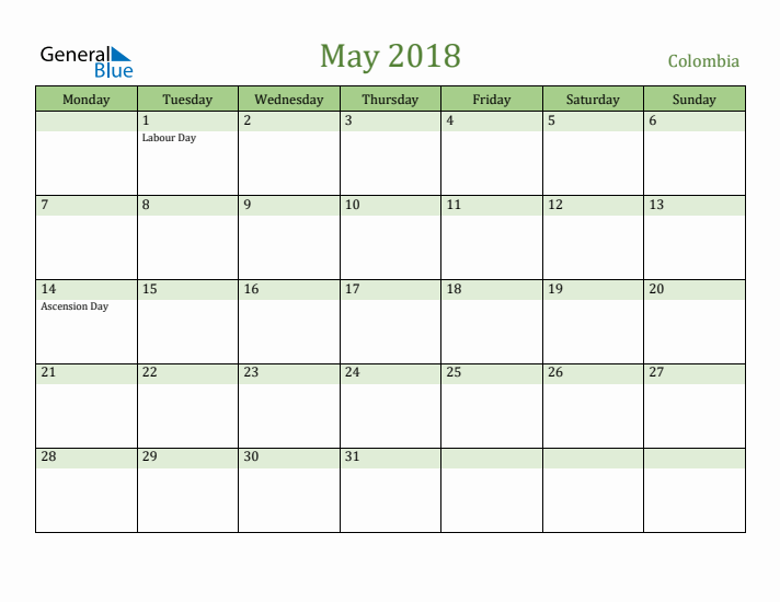 May 2018 Calendar with Colombia Holidays