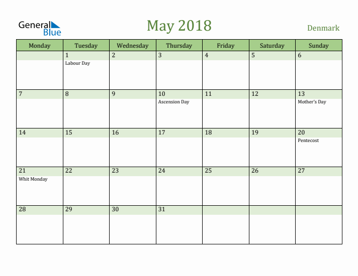 May 2018 Calendar with Denmark Holidays