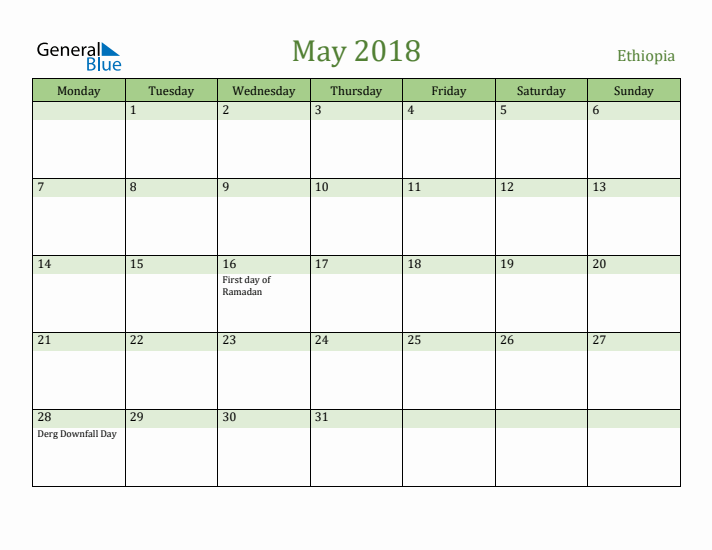 May 2018 Calendar with Ethiopia Holidays