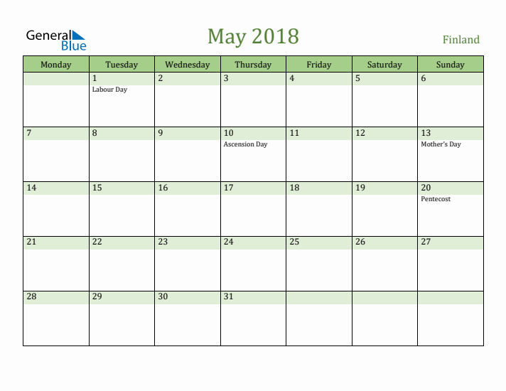 May 2018 Calendar with Finland Holidays