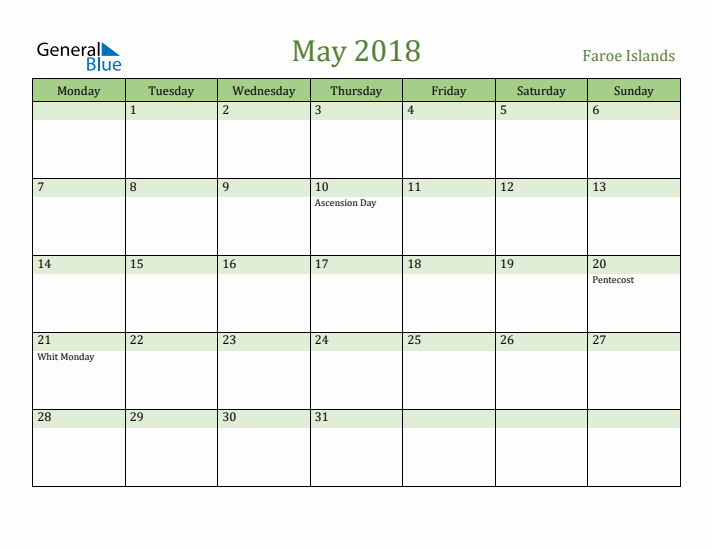 May 2018 Calendar with Faroe Islands Holidays