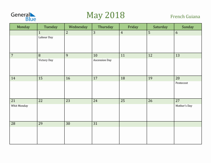 May 2018 Calendar with French Guiana Holidays