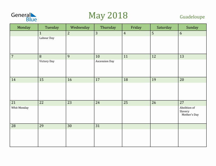 May 2018 Calendar with Guadeloupe Holidays