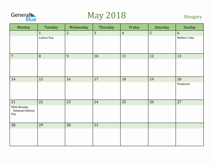 May 2018 Calendar with Hungary Holidays