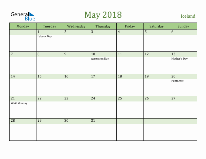 May 2018 Calendar with Iceland Holidays