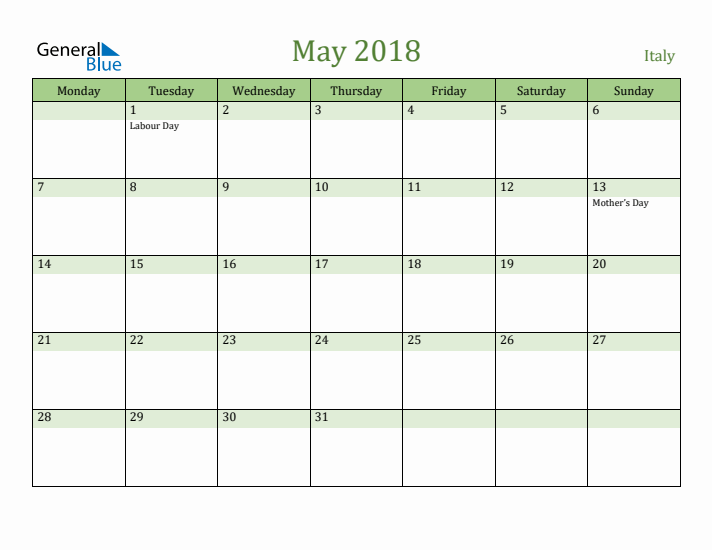 May 2018 Calendar with Italy Holidays