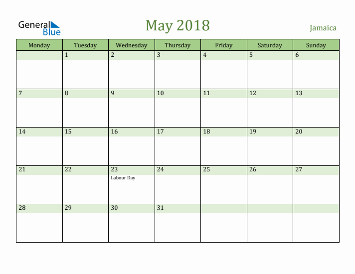 May 2018 Calendar with Jamaica Holidays