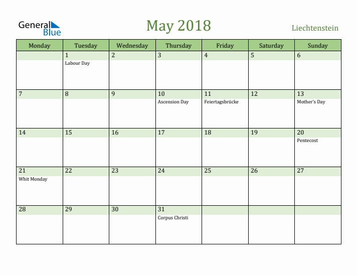 May 2018 Calendar with Liechtenstein Holidays