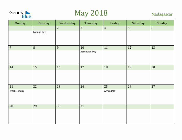 May 2018 Calendar with Madagascar Holidays