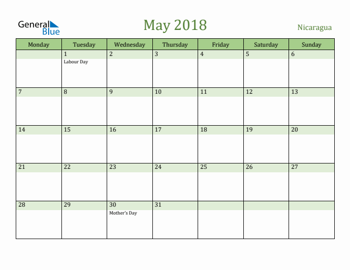 May 2018 Calendar with Nicaragua Holidays