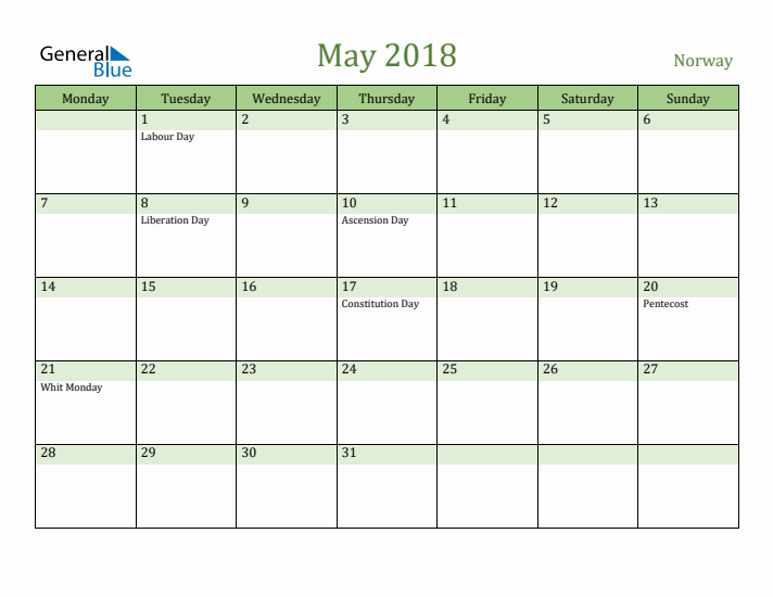 May 2018 Calendar with Norway Holidays