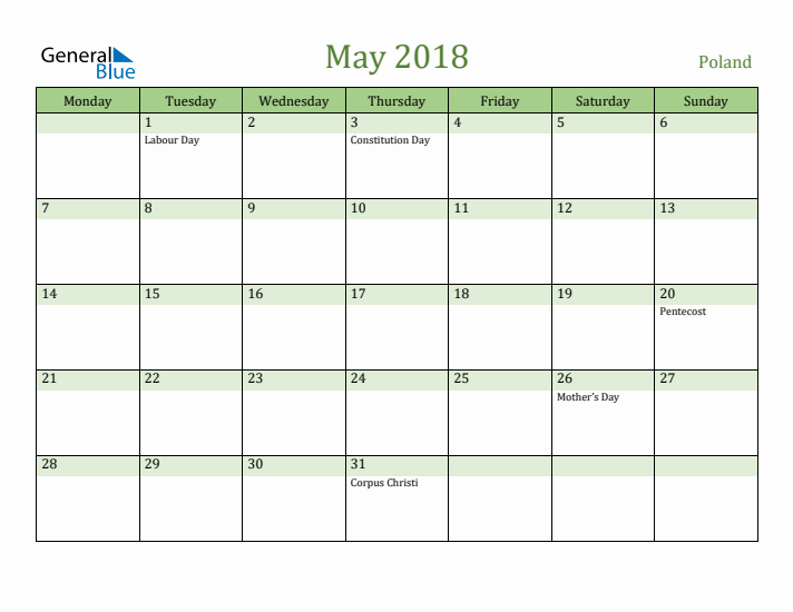 May 2018 Calendar with Poland Holidays