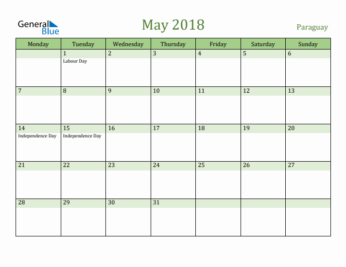 May 2018 Calendar with Paraguay Holidays