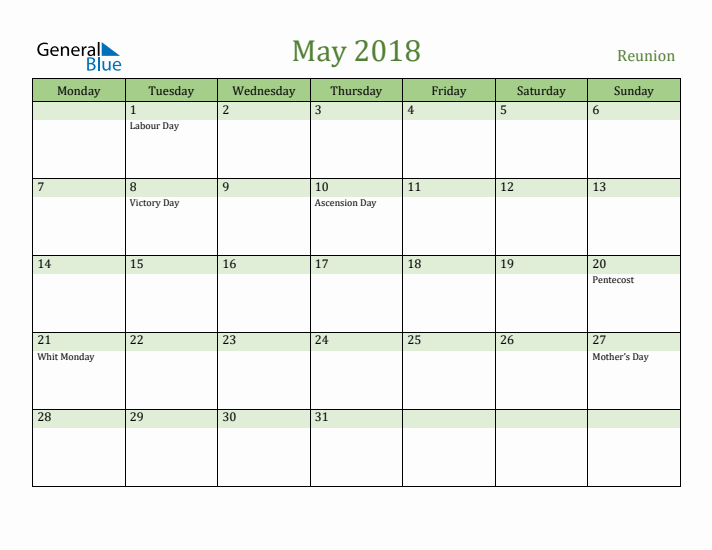 May 2018 Calendar with Reunion Holidays