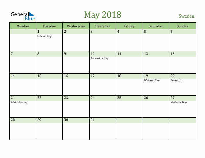 May 2018 Calendar with Sweden Holidays