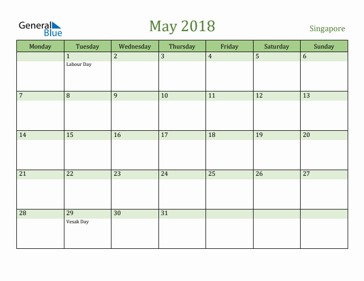 May 2018 Calendar with Singapore Holidays