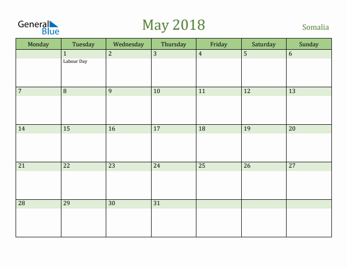 May 2018 Calendar with Somalia Holidays