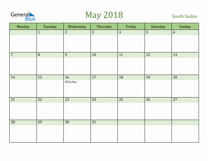 May 2018 Calendar with South Sudan Holidays